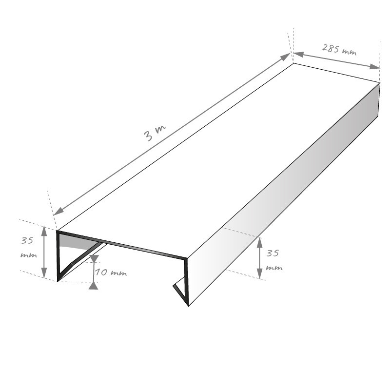 schéma coté d'une couvertine RAL9010 en longueur de 3m et large de 285mm schéma coté d'une couvertine RAL9010 en longueur de 3m et large de 285mm