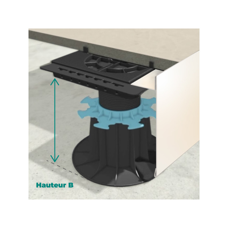 mise en situation de la cornière de finition de dalles sur plots avec des carreaux de grès cérame de 2 cm épais.