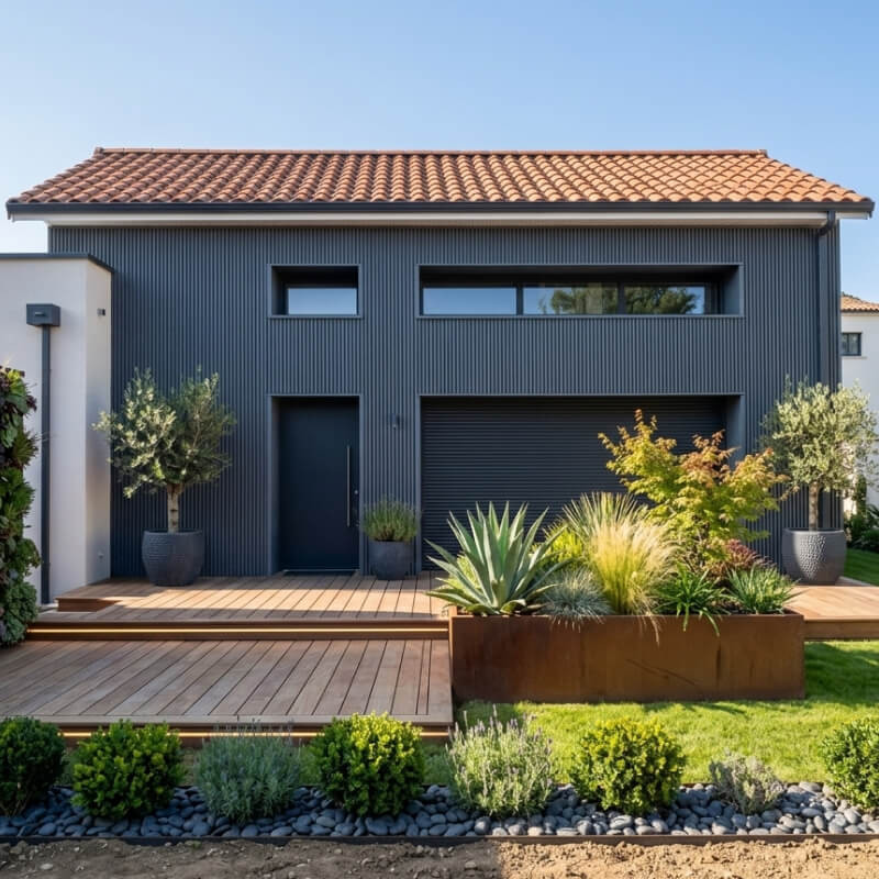 façade maison avec bardage faux claire-voie en aluminium